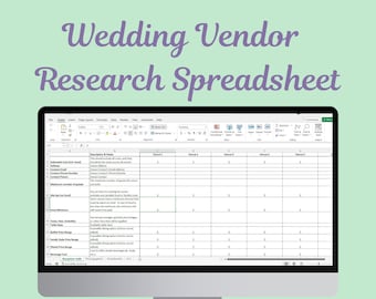 May include: A computer screen displaying a spreadsheet titled "Wedding Vendor Research Spreadsheet" with columns for venue information, including estimated food cost, address, contact information, maximum number of guests, site fee, minimum food, taxes, gratuities, buffet price range, family style price range, plated price range, beverage cost, and notes.