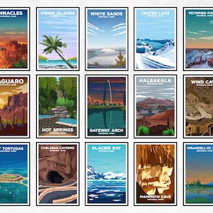 May include: A collage of 16 colorful illustrations of national parks in the United States. Each illustration features a unique landscape and the name of the park, such as "Pinnacles National Park", "Virgin Islands National Park", and "White Sands National Park".