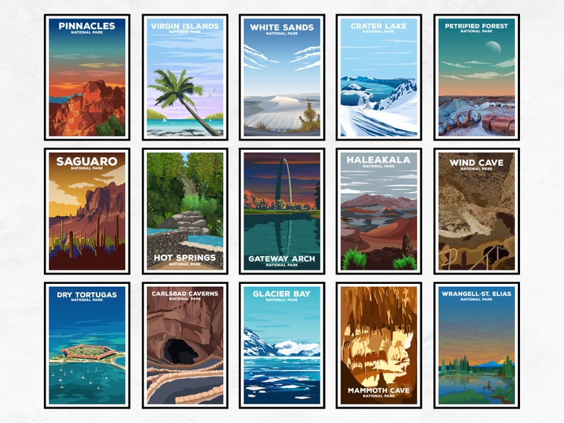 May include: A collage of 16 colorful illustrations of national parks in the United States. Each illustration features a unique landscape and the name of the park, such as "Pinnacles National Park", "Virgin Islands National Park", and "White Sands National Park".