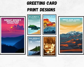 May include: A collection of six rectangular greeting card prints featuring illustrations of national parks. The text GREETING CARD PRINT DESIGNS appears at the top. The prints depict Great Smoky Mountains, Olympic, Cuyahoga Valley, Isle Royale, Mammoth Cave, and Great Sand Dunes.