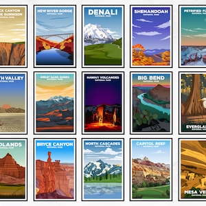 May include: A collage of 15 vintage-style travel posters featuring different national parks in the United States. Each poster features a unique landscape scene and the name of the park, such as "Black Canyon of the Gunnison National Park", "Death Valley National Park", and "Bryce Canyon National Park".