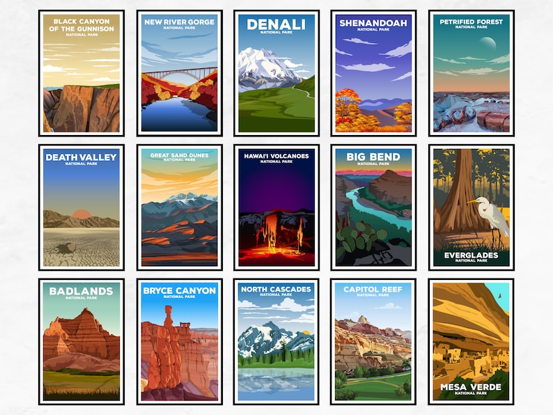 May include: A collage of 15 vintage-style travel posters featuring different national parks in the United States. Each poster features a unique landscape scene and the name of the park, such as "Black Canyon of the Gunnison National Park", "Death Valley National Park", and "Bryce Canyon National Park".
