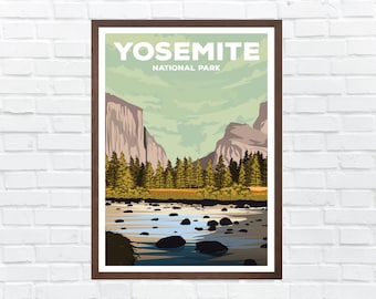 May include: A vintage-style poster with the text "Yosemite National Park" in white letters on a green background. The poster features a scenic view of a river flowing through a forest with tall cliffs in the background.