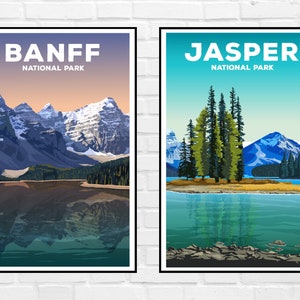 May include: Two vintage travel posters featuring scenic views of Canadian national parks. The left poster features a mountain range reflected in a lake with the text "Banff National Park". The right poster features a lake with a small island of trees and mountains in the background with the text "Jasper National Park".