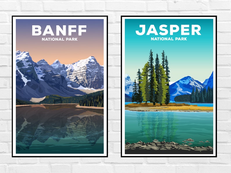 May include: Two vintage travel posters featuring scenic views of Canadian national parks. The left poster features a mountain range reflected in a lake with the text "Banff National Park". The right poster features a lake with a small island of trees and mountains in the background with the text "Jasper National Park".