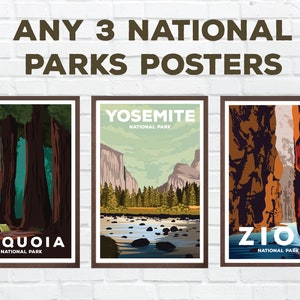 Paquete de 3 carteles: 3 carteles de parques nacionales, regalo de parques nacionales y senderismo, impresiones estilo parque nacional vintage / regalos de carteles enmarcados