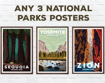 3 Poster Bundle - any 3 National Park Posters, National Park and hiking gift, vintage national park style prints