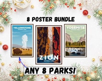 8 Poster Bundle - any 8 National Park Posters, National Park and hiking gift, vintage national park style prints