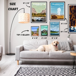 May include: A size chart for national park prints, showing different sizes and prices. The chart includes images of Yosemite, Yellowstone, Grand Teton, Glacier, and Zion National Parks. The chart also includes a note about the top 3 sellers.