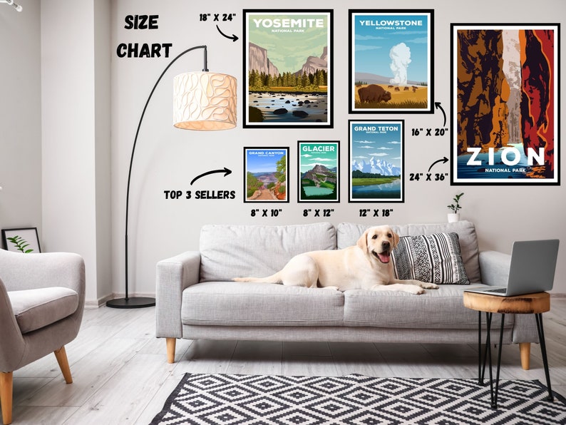 May include: A size chart for national park prints, showing different sizes and prices. The chart includes images of Yosemite, Yellowstone, Grand Teton, Glacier, and Zion National Parks. The chart also includes a note about the top 3 sellers.