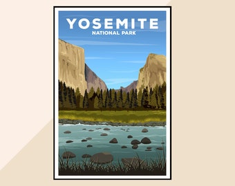 May include: A vintage travel poster for Yosemite National Park, featuring a scenic view of a river flowing through a valley with towering cliffs in the background. The text "Yosemite National Park" is displayed at the top of the poster.