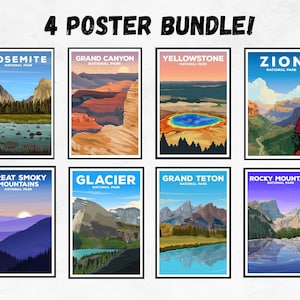 4 Posterbundel - Vintage stijl! 4 posters van nationale parken | Kunst aan de muur wandelen | Nationaal Park cadeau. Ontwerpset #2