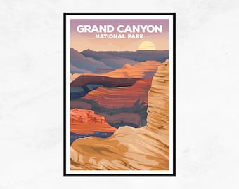 May include: A vintage-style poster featuring a scenic view of the Grand Canyon National Park. The poster has a purple background with the text "Grand Canyon National Park" in white letters. The image shows a panoramic view of the canyon with layered rock formations in shades of brown, orange, and red. The sun is setting in the distance, casting a warm glow over the landscape.