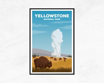 May include: A vintage travel poster for Yellowstone National Park featuring a large geyser erupting with a plume of white steam against a blue sky. The poster also features a herd of brown bison grazing in a field of yellow grass.
