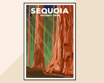 Puede incluir: Un cartel de viaje vintage para el Parque Nacional de Sequoia, que presenta un primer plano de secuoyas gigantes con un fondo de bosque verde. El texto "SEQUOIA NATIONAL PARK" se muestra en letras blancas en la parte superior del cartel.
