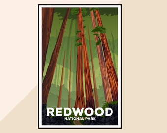 May include: A vintage travel poster design featuring a view of tall redwood trees in Redwood National Park. The poster has the text "Redwood National Park" in white letters on a black background.