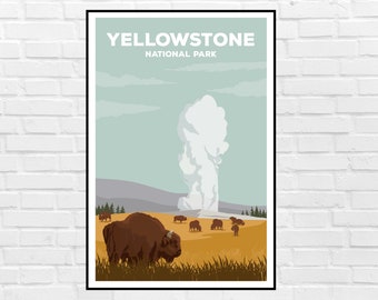 May include: A vertical poster featuring a stylized illustration of Yellowstone National Park. The text reads YELLOWSTONE NATIONAL PARK. The scene depicts a large geyser erupting in the distance behind a field with several brown bison grazing.