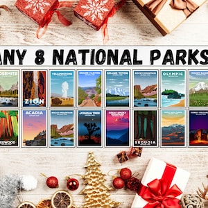 Lot de 8 posters ! 8 parcs nationaux au choix | Cadeau de Noël de randonnée | Art mural vintage extérieur