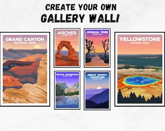 May include: A collage of six vintage-style national park posters featuring scenic views of Grand Canyon, Arches, Joshua Tree, Yellowstone, Rocky Mountain, and Great Smoky Mountains National Parks. Each poster has a black border and features the park name and "National Park" in white text.