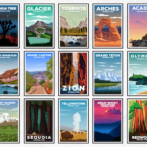 May include: A collage of 16 vintage-style travel posters featuring iconic national parks in the United States. Each poster features a different park, including Yosemite, Yellowstone, Grand Canyon, and Glacier. The posters are all in a similar style, with colorful illustrations and bold text.