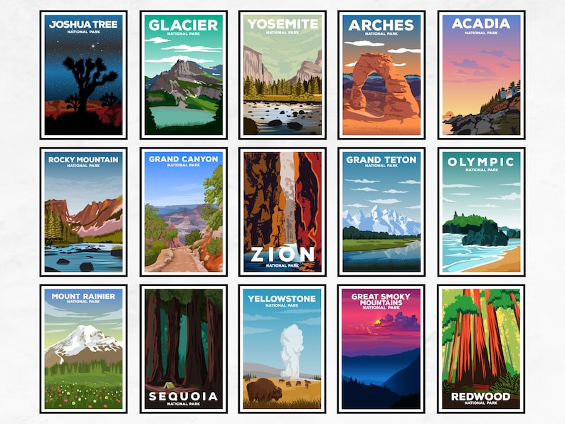 May include: A collage of 16 vintage-style travel posters featuring iconic national parks in the United States. Each poster features a different park, including Yosemite, Yellowstone, Grand Canyon, and Glacier. The posters are all in a similar style, with colorful illustrations and bold text.