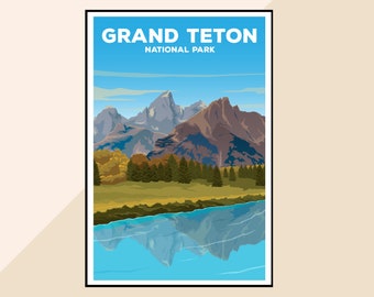 May include: A vintage travel poster featuring a scenic view of Grand Teton National Park. The poster features a mountain range with a reflection in a blue lake. The text "GRAND TETON NATIONAL PARK" is at the top of the poster.