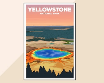May include: A vintage travel poster for Yellowstone National Park, featuring a colourful hot spring with a blue centre and orange, yellow, and green rings. The poster has a sunset sky with the text "YELLOWSTONE NATIONAL PARK" in white.