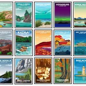 May include: A collage of 12 colorful illustrations of different national parks in the United States. Each illustration features a unique landscape and a name of the park, such as "Theodore Roosevelt National Park" and "Voyageurs National Park".