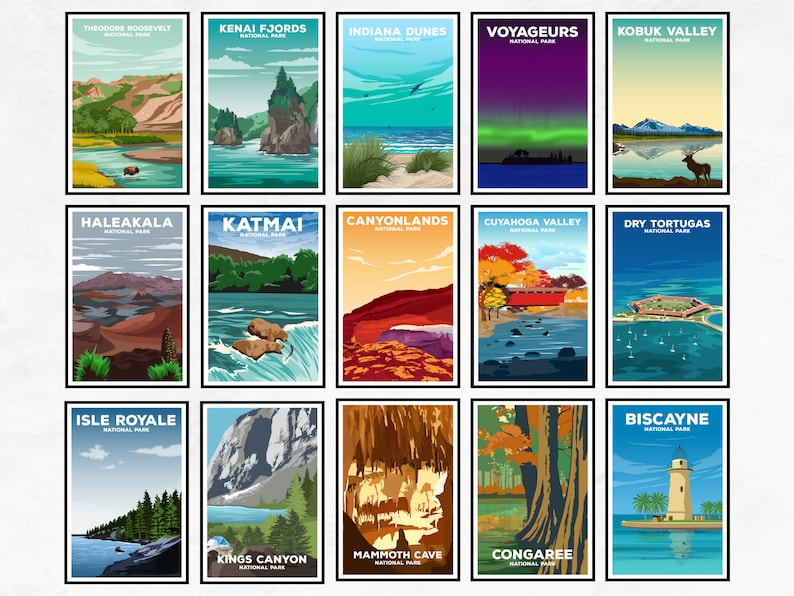 May include: A collage of 12 colorful illustrations of different national parks in the United States. Each illustration features a unique landscape and a name of the park, such as "Theodore Roosevelt National Park" and "Voyageurs National Park".