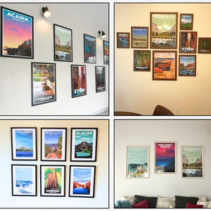 May include: A collection of framed vintage travel posters featuring national parks in the United States. The posters are arranged in a grid pattern on a white wall. The posters feature images of Yosemite National Park, Acadia National Park, Glacier National Park, Grand Canyon National Park, Zion National Park, Redwood National Park, and Everglades National Park.