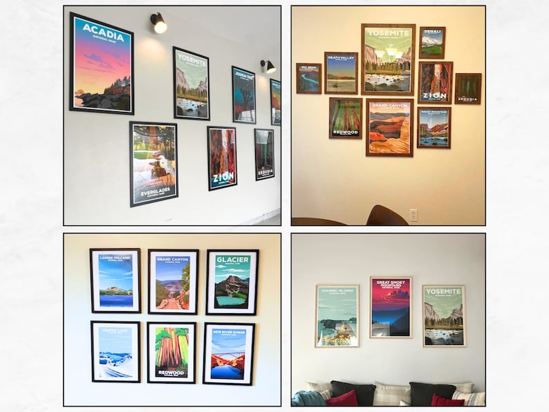 May include: A collection of framed vintage travel posters featuring national parks in the United States. The posters are arranged in a grid pattern on a white wall. The posters feature images of Yosemite National Park, Acadia National Park, Glacier National Park, Grand Canyon National Park, Zion National Park, Redwood National Park, and Everglades National Park.