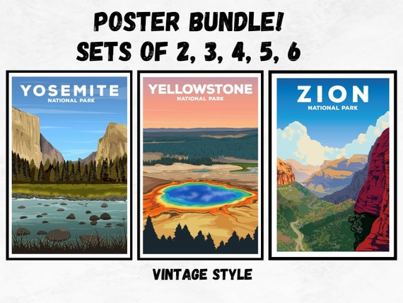 Vintage National Park Poster Bundle: Yosemite, Zion, Yellowstone