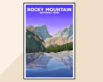 May include: A vintage-style poster for Rocky Mountain National Park. The poster features a scenic view of a lake reflecting the surrounding mountains and trees. The text "ROCKY MOUNTAIN NATIONAL PARK" is at the top of the poster.