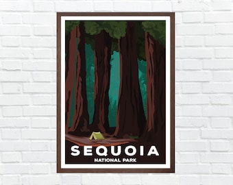 May include: A vintage-style poster featuring a graphic illustration of a forest of tall, brown sequoia trees. The trees are set against a teal background. A small, yellow tent is in the foreground. The text "SEQUOIA NATIONAL PARK" is at the bottom of the poster.
