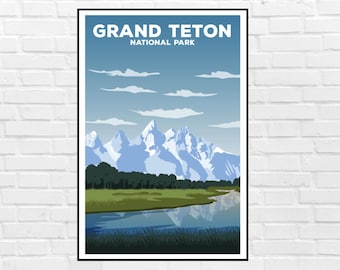 May include: A vintage-style poster with a blue background featuring a scenic view of Grand Teton National Park. The poster features a mountain range with snow-capped peaks, a river, and a grassy field. The text "Grand Teton National Park" is printed in white at the top of the poster.