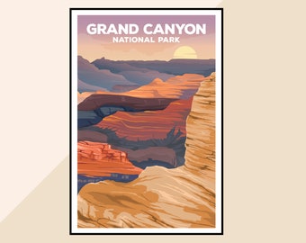May include: A framed poster with a stylized illustration of the Grand Canyon National Park. The artwork shows the canyon with layers of red, orange, and blue rock formations under a sunset sky. The text "GRAND CANYON NATIONAL PARK" is at the top.