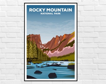 May include: A vintage-style poster featuring a scenic view of Rocky Mountain National Park. The poster depicts a river flowing through a valley with mountains in the background. The text "ROCKY MOUNTAIN NATIONAL PARK" is displayed at the top of the poster.