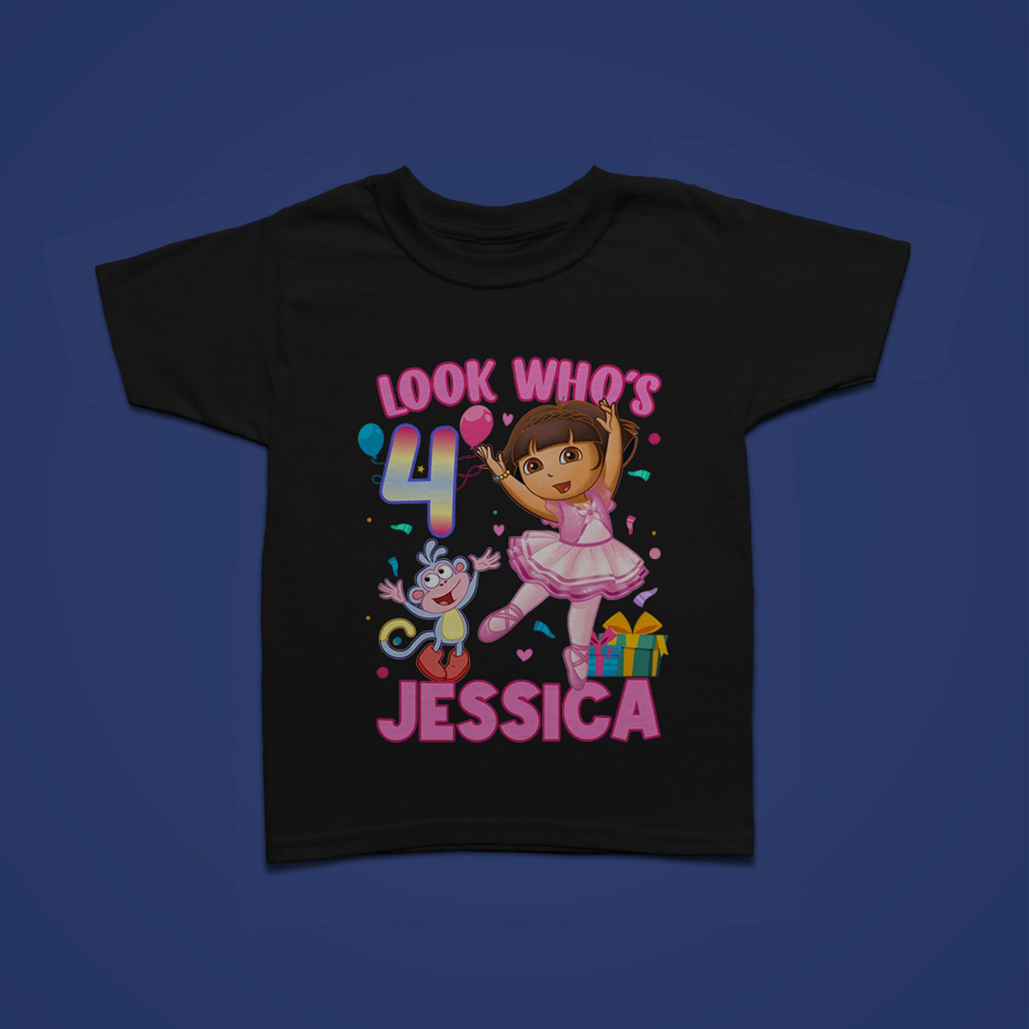 Personalized Custom DORA Birthday Party Gift T Shirt Name & Age On Shirt 