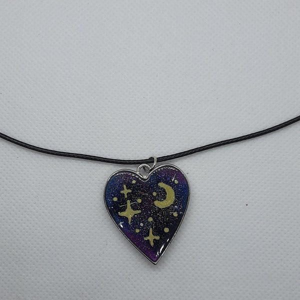 Glittery galaxy heart resin pendant necklace