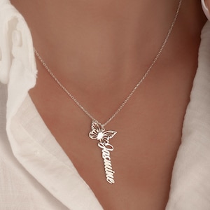 925 sterling silver butterfly name necklace with custom name pendant and delicate butterfly charm, personalized gift for her”