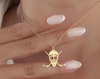 Hockey Helmet Necklace - Hockey Player Goalkeeper Mask - 925 Sterling Silver Personalized Number Hockey Necklace