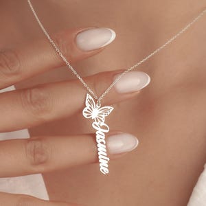 925 sterling silver butterfly name necklace with custom name pendant and delicate butterfly charm, personalized gift for her