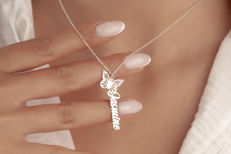 925 sterling silver butterfly name necklace with custom name pendant and delicate butterfly charm, personalized gift for her