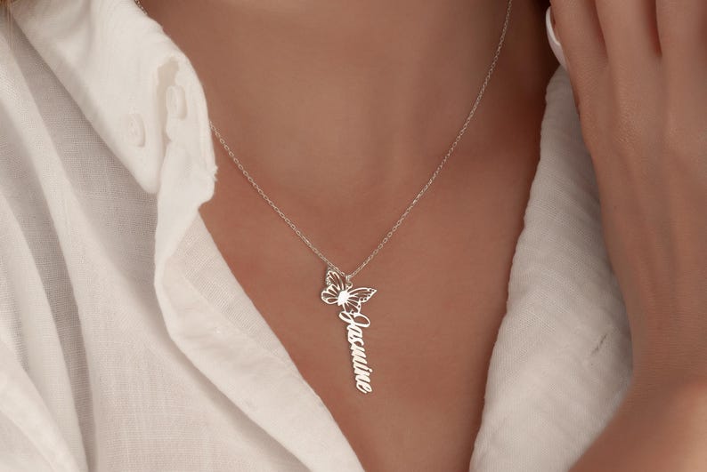 925 sterling silver butterfly name necklace with custom name pendant and delicate butterfly charm, personalized gift for her”