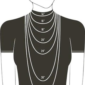 May include: Diagram illustrating necklace lengths on a person. The image shows various necklace lengths, including 14", 16", 18", 20", 24", 30", and 34" (35.5cm, 40.6cm, 45.7cm, 50.8cm, 61cm, 76.2cm, and 86.4cm) to show how they look when worn.