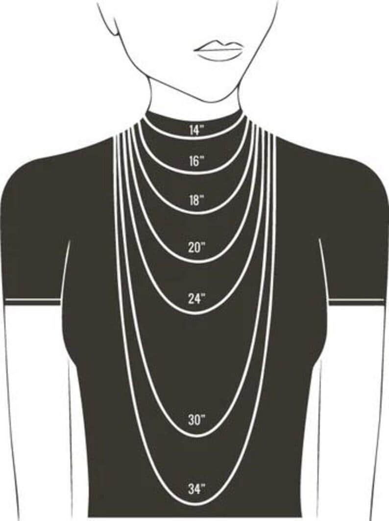 May include: Diagram illustrating necklace lengths on a person. The image shows various necklace lengths, including 14", 16", 18", 20", 24", 30", and 34" (35.5cm, 40.6cm, 45.7cm, 50.8cm, 61cm, 76.2cm, and 86.4cm) to show how they look when worn.