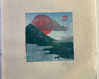 Tiny Foggy landscape with mountain, original linocut print handmade handcrafted carving layers colors in  queens New York.