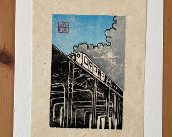 7 train, original linocut print handmade handcrafted carving layers colors New York nyc queens 6”x9”