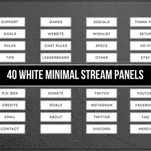 Może przedstawiać: 40 białych prostokątnych przycisków ze zaokrąglonymi rogami i czarnym tekstem na szarym tle. Przyciski są ułożone w siatkę czterech kolumn i pięciu wierszy. Tekst na przyciskach zawiera słowa takie jak "Wsparcie", "Gry", "Media społecznościowe", "Dziękuję", "Cele", "Strona internetowa", "Lista życzeń", "Konfiguracja", "Zasady", "Zasady czatu", "Specyfikacja", "KO-FI", "Wskazówki", "Tabela liderów", "Inne", "Etsy", "P.O. Box", "Kredyty", "Darowizna", "Twitch", "YouTube", "Cele", "Instagram", "Facebook", "E-mail", "O nas", "Twitter", "FAQ", "Kontakt", "Discord", i "Towary".
