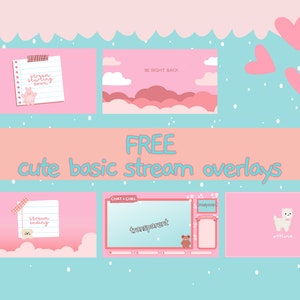 May include: A set of free, pink and blue, cute basic stream overlays for Twitch or YouTube. The overlays include a starting soon, be right back, stream ending, chat, offline, and transparent overlay.